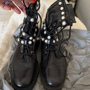 Zara Black Combat Boots with Pearl Accents